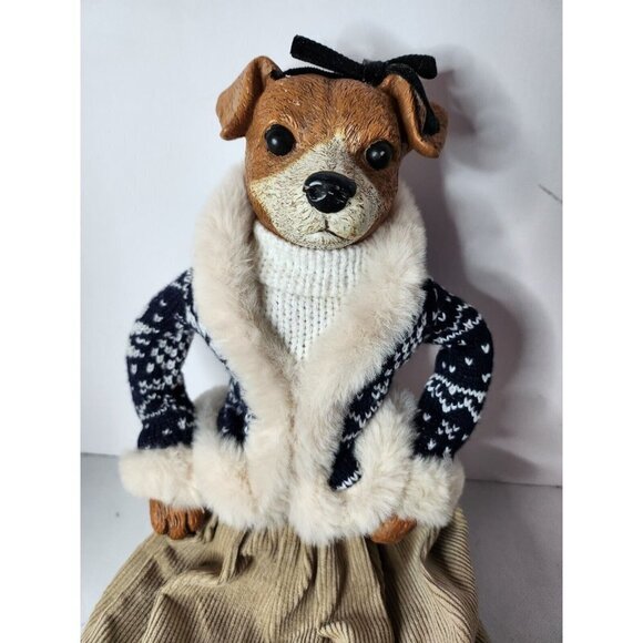 VINTAGE Female Terrier Dog Figurine Shelf Sitter Plush Resin Christmas Sweater - Picture 3 of 8